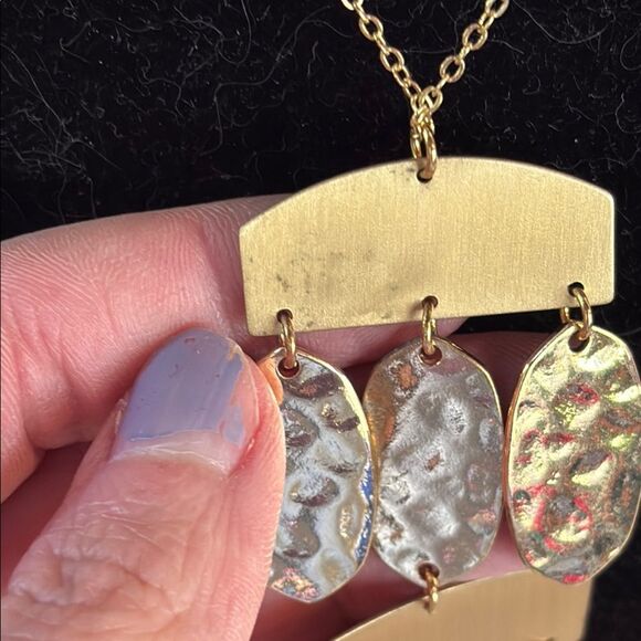 Contemporary Long Gold Tone Geometric Art Deco Pendant Necklace 32” - Picture 6 of 7